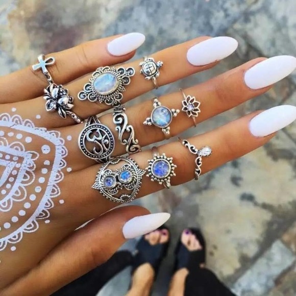 11 Piece Blue Crystal Turtle Midi Silver Tone Ring Set - Picture 2 of 7